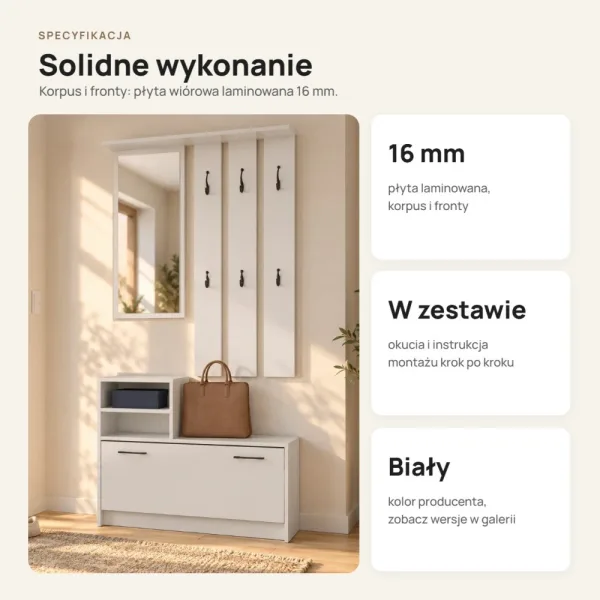 Garderoba do przedpokoju 85 cm z lustrem, wieszakami i szafką na buty, 180 cm – Biały