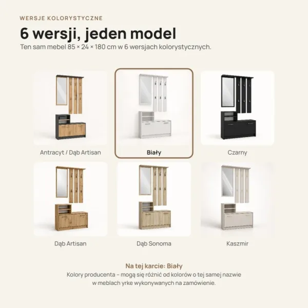 Garderoba do przedpokoju 85 cm z lustrem, wieszakami i szafką na buty, 180 cm – Biały