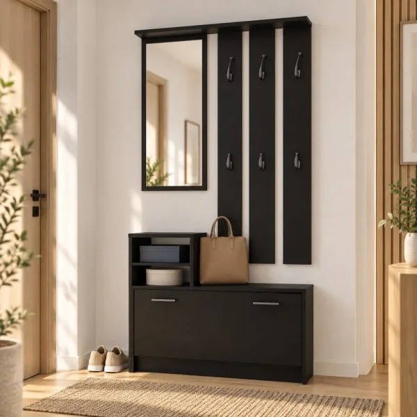 Garderoba do przedpokoju 85 cm z lustrem, wieszakami i szafką na buty, 180 cm – Czarny