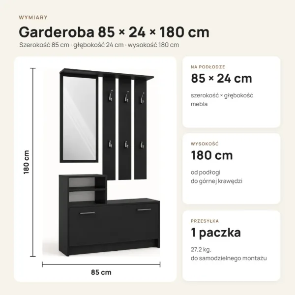 Garderoba do przedpokoju 85 cm z lustrem, wieszakami i szafką na buty, 180 cm – Czarny