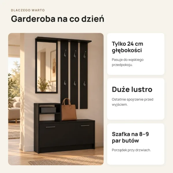 Garderoba do przedpokoju 85 cm z lustrem, wieszakami i szafką na buty, 180 cm – Czarny