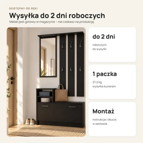 Garderoba do przedpokoju 85 cm z lustrem, wieszakami i szafką na buty, 180 cm – Czarny
