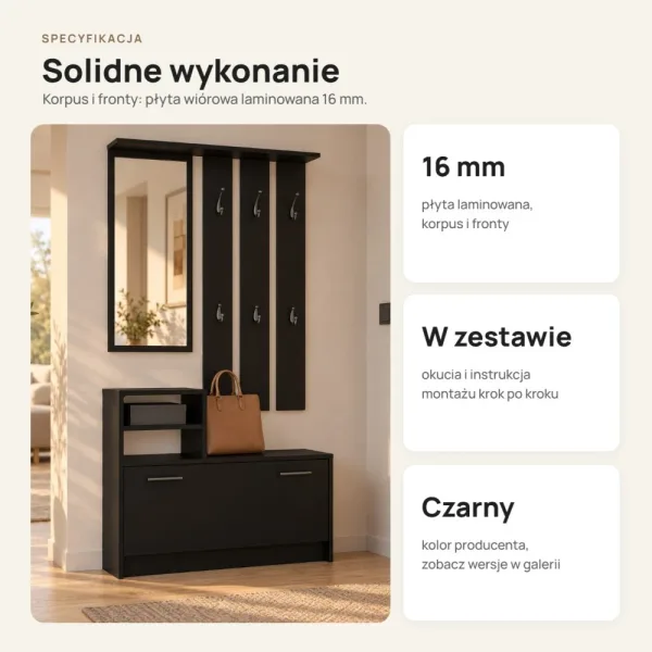 Garderoba do przedpokoju 85 cm z lustrem, wieszakami i szafką na buty, 180 cm – Czarny