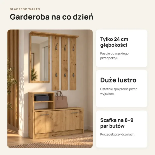 Garderoba do przedpokoju 85 cm z lustrem, wieszakami i szafką na buty, 180 cm – Dąb Artisan