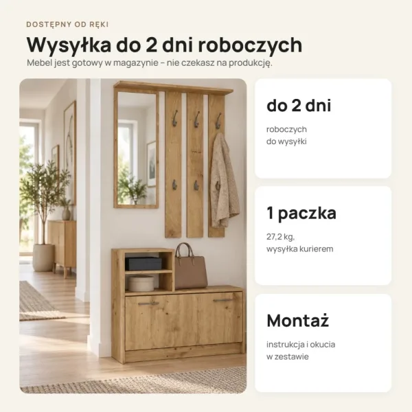 Garderoba do przedpokoju 85 cm z lustrem, wieszakami i szafką na buty, 180 cm – Dąb Artisan