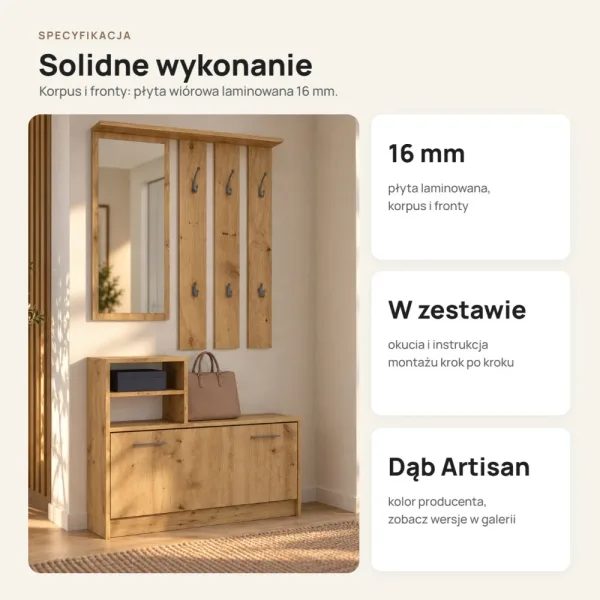 Garderoba do przedpokoju 85 cm z lustrem, wieszakami i szafką na buty, 180 cm – Dąb Artisan