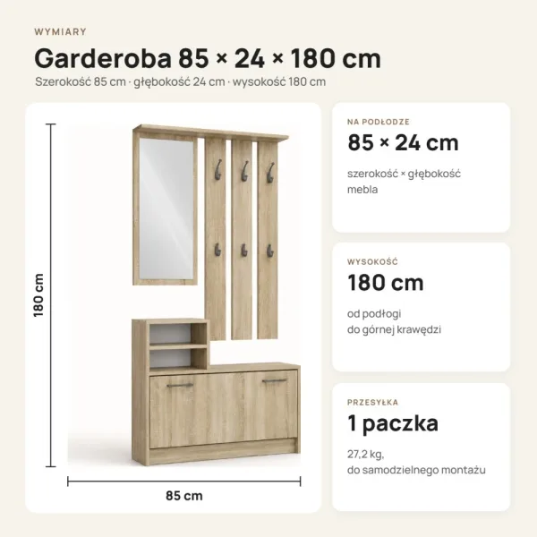 Garderoba do przedpokoju 85 cm z lustrem, wieszakami i szafką na buty, 180 cm – Dąb Sonoma