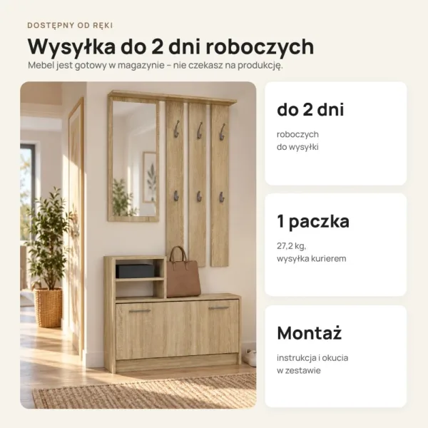 Garderoba do przedpokoju 85 cm z lustrem, wieszakami i szafką na buty, 180 cm – Dąb Sonoma