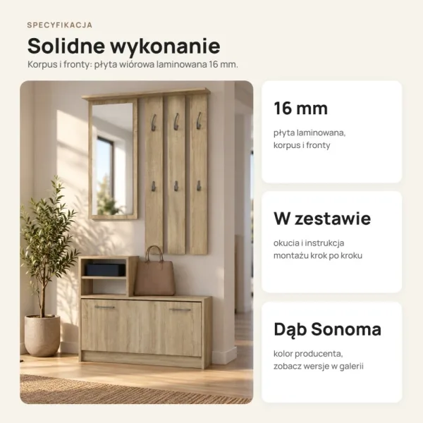 Garderoba do przedpokoju 85 cm z lustrem, wieszakami i szafką na buty, 180 cm – Dąb Sonoma