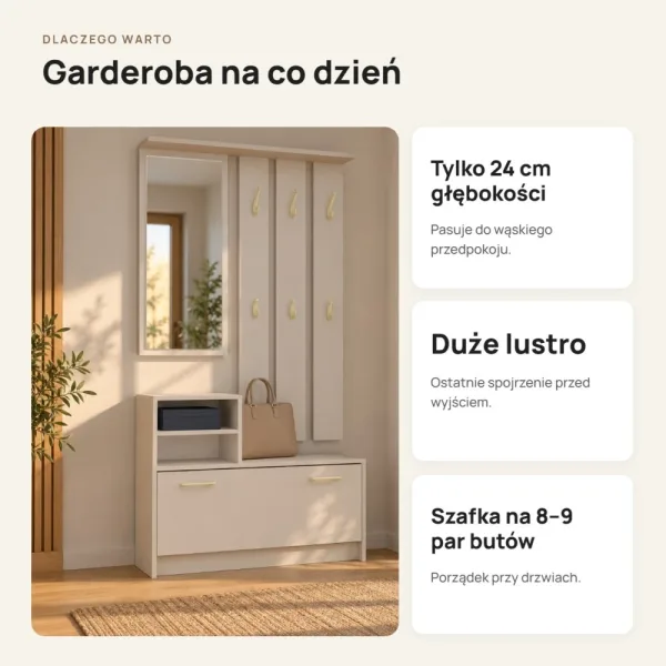 Garderoba do przedpokoju 85 cm z lustrem, wieszakami i szafką na buty, 180 cm – Kaszmir