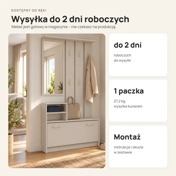 Garderoba do przedpokoju 85 cm z lustrem, wieszakami i szafką na buty, 180 cm – Kaszmir