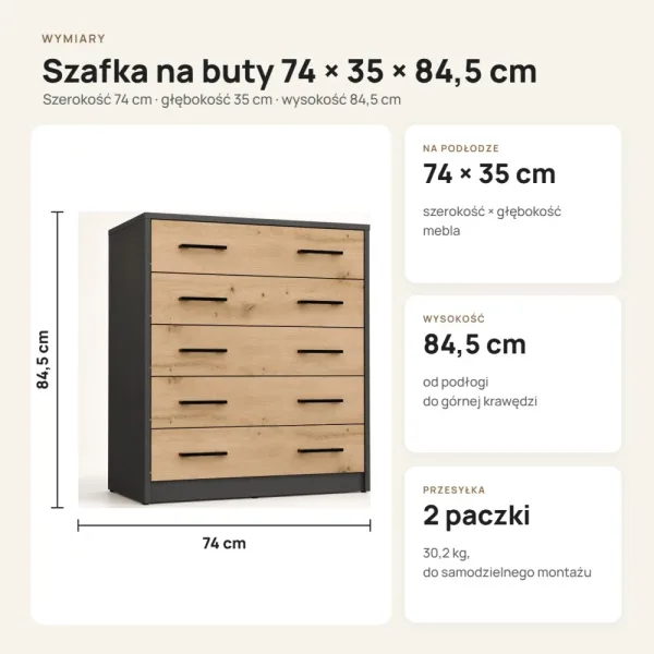 Szafka na buty 74 cm z 5 uchylnymi drzwiczkami – Antracyt / Dąb Artisan