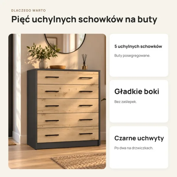 Szafka na buty 74 cm z 5 uchylnymi drzwiczkami – Antracyt / Dąb Artisan