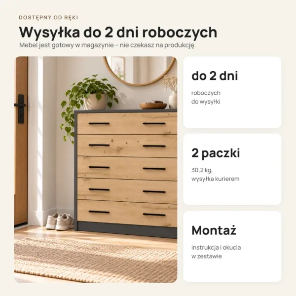Szafka na buty 74 cm z 5 uchylnymi drzwiczkami – Antracyt / Dąb Artisan