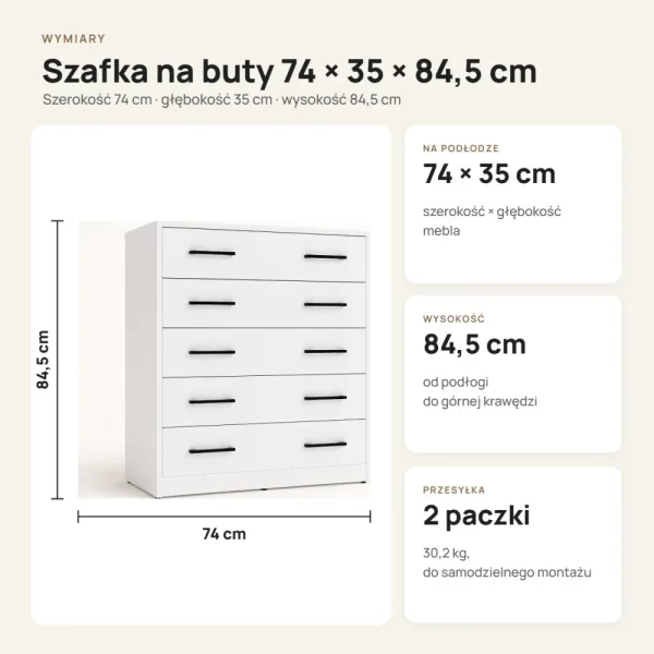 Szafka na buty 74 cm z 5 uchylnymi drzwiczkami – Biały