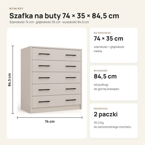 Szafka na buty 74 cm z 5 uchylnymi drzwiczkami – Kaszmir