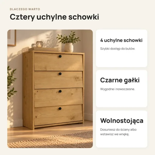 Szafka na buty 66 cm z 4 uchylnymi drzwiczkami – Dąb Artisan