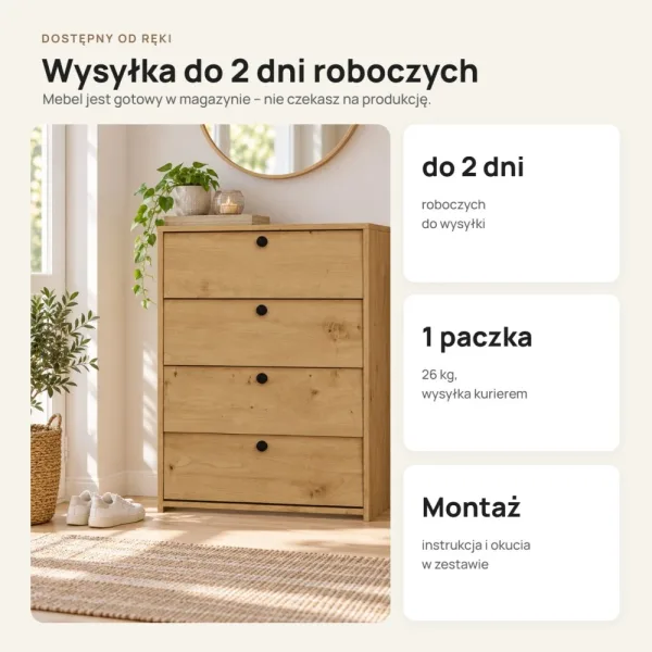 Szafka na buty 66 cm z 4 uchylnymi drzwiczkami – Dąb Artisan