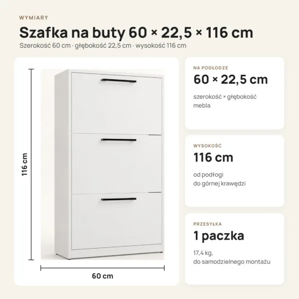 Wąska szafka na buty 60 cm z 3 uchylnymi drzwiczkami, 22,5 cm głębokości – Biały