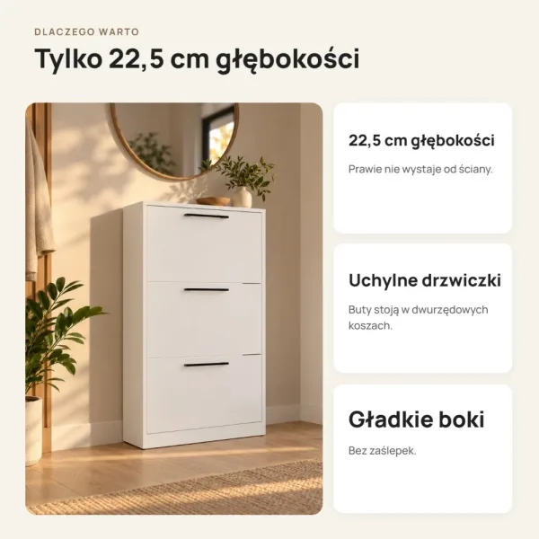 Wąska szafka na buty 60 cm z 3 uchylnymi drzwiczkami, 22,5 cm głębokości – Biały