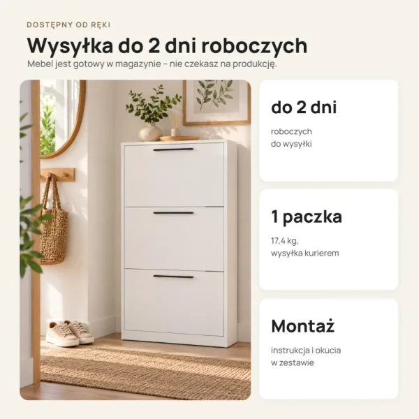Wąska szafka na buty 60 cm z 3 uchylnymi drzwiczkami, 22,5 cm głębokości – Biały