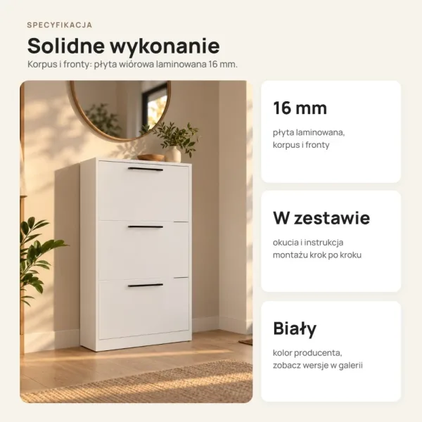 Wąska szafka na buty 60 cm z 3 uchylnymi drzwiczkami, 22,5 cm głębokości – Biały