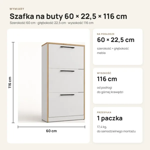 Wąska szafka na buty 60 cm z 3 uchylnymi drzwiczkami, 22,5 cm głębokości – Biały, obrzeża w dekorze dębu