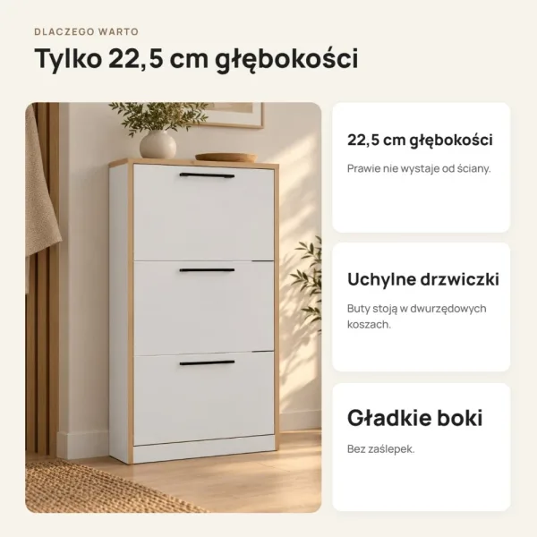 Wąska szafka na buty 60 cm z 3 uchylnymi drzwiczkami, 22,5 cm głębokości – Biały, obrzeża w dekorze dębu