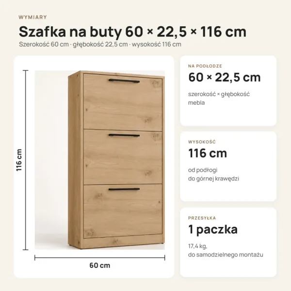 Wąska szafka na buty 60 cm z 3 uchylnymi drzwiczkami, 22,5 cm głębokości – Dąb Artisan