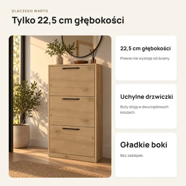 Wąska szafka na buty 60 cm z 3 uchylnymi drzwiczkami, 22,5 cm głębokości – Dąb Artisan