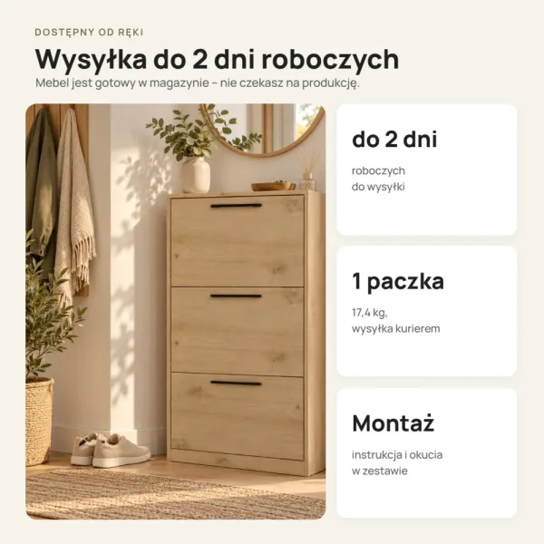 Wąska szafka na buty 60 cm z 3 uchylnymi drzwiczkami, 22,5 cm głębokości – Dąb Artisan