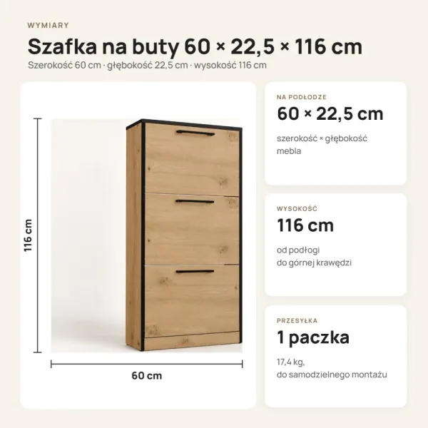 Wąska szafka na buty 60 cm z 3 uchylnymi drzwiczkami, 22,5 cm głębokości – Dąb Artisan, czarne obrzeża