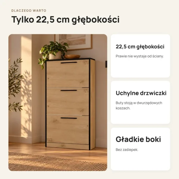 Wąska szafka na buty 60 cm z 3 uchylnymi drzwiczkami, 22,5 cm głębokości – Dąb Artisan, czarne obrzeża