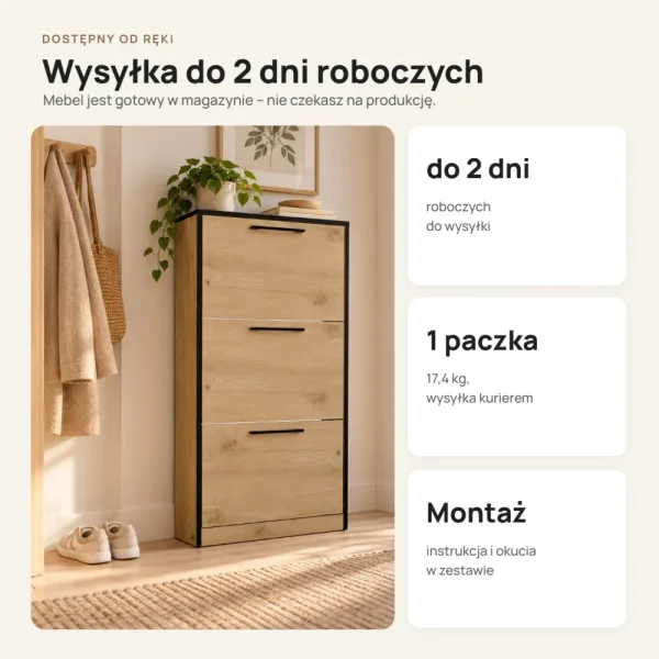 Wąska szafka na buty 60 cm z 3 uchylnymi drzwiczkami, 22,5 cm głębokości – Dąb Artisan, czarne obrzeża