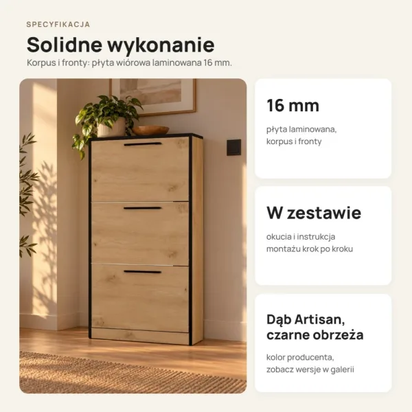 Wąska szafka na buty 60 cm z 3 uchylnymi drzwiczkami, 22,5 cm głębokości – Dąb Artisan, czarne obrzeża