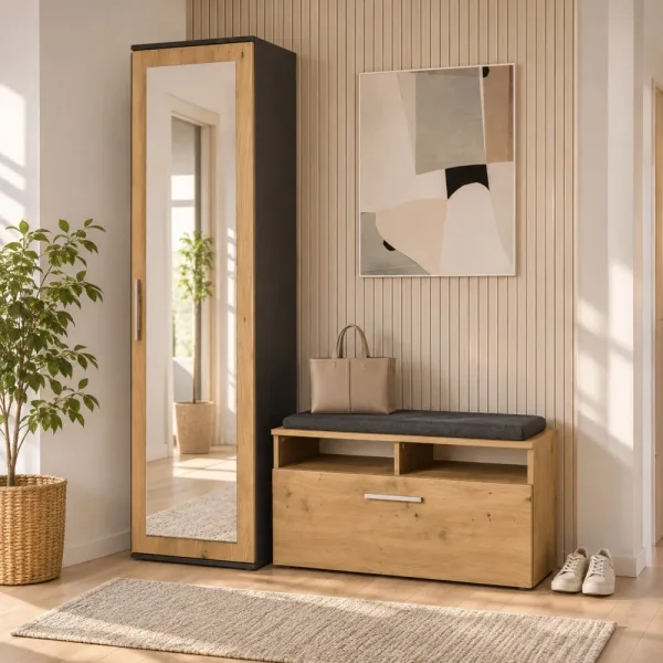 Szafa do przedpokoju 50 cm z lustrem, 180 cm – Antracyt / Dąb Artisan