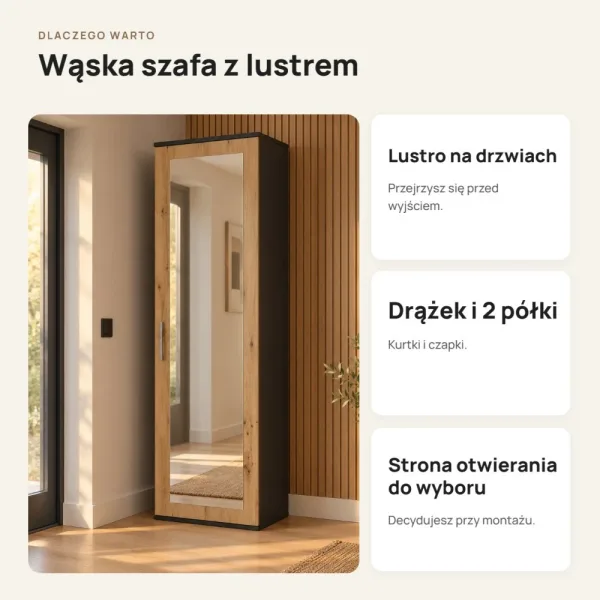 Szafa do przedpokoju 50 cm z lustrem, 180 cm – Antracyt / Dąb Artisan