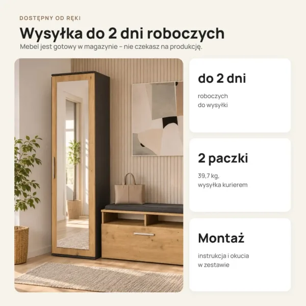 Szafa do przedpokoju 50 cm z lustrem, 180 cm – Antracyt / Dąb Artisan