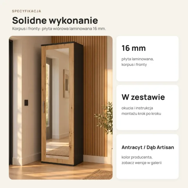 Szafa do przedpokoju 50 cm z lustrem, 180 cm – Antracyt / Dąb Artisan
