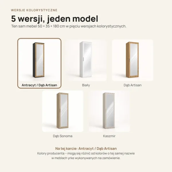 Szafa do przedpokoju 50 cm z lustrem, 180 cm – Antracyt / Dąb Artisan