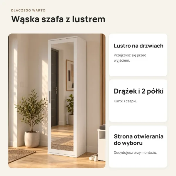 Szafa do przedpokoju 50 cm z lustrem, 180 cm – Biały