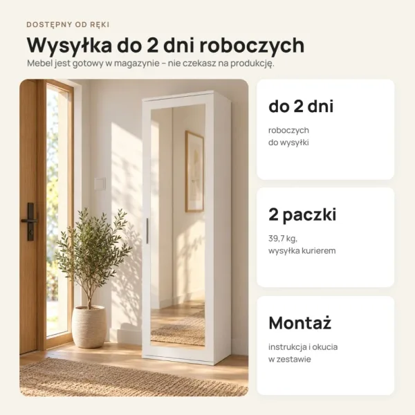 Szafa do przedpokoju 50 cm z lustrem, 180 cm – Biały