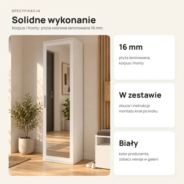 Szafa do przedpokoju 50 cm z lustrem, 180 cm – Biały