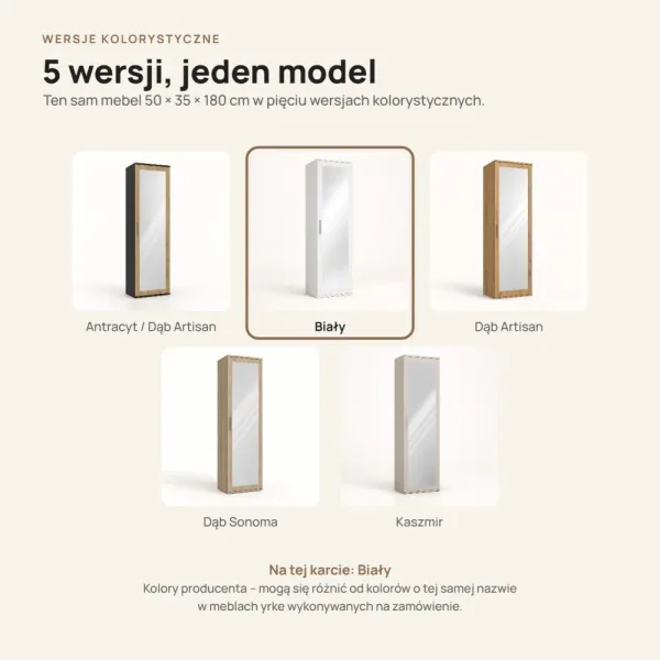 Szafa do przedpokoju 50 cm z lustrem, 180 cm – Biały