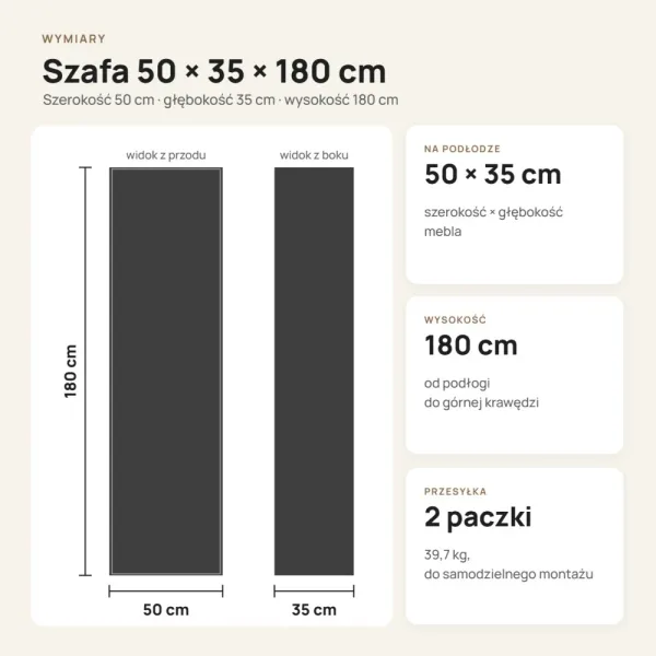 Szafa do przedpokoju 50 cm z lustrem, 180 cm – Dąb Artisan