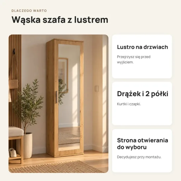 Szafa do przedpokoju 50 cm z lustrem, 180 cm – Dąb Artisan