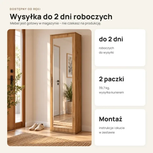 Szafa do przedpokoju 50 cm z lustrem, 180 cm – Dąb Artisan