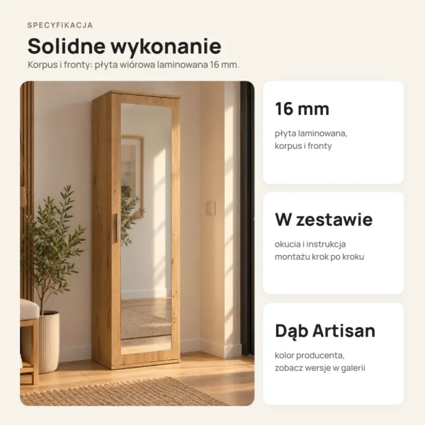 Szafa do przedpokoju 50 cm z lustrem, 180 cm – Dąb Artisan