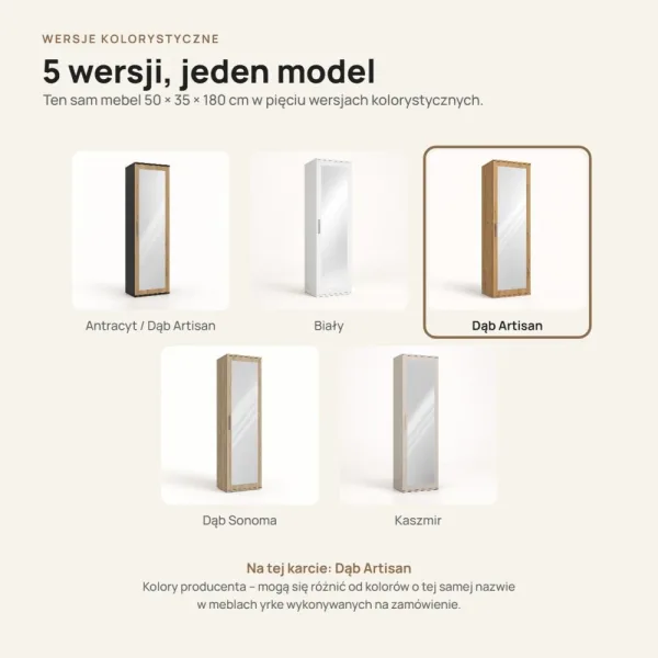 Szafa do przedpokoju 50 cm z lustrem, 180 cm – Dąb Artisan