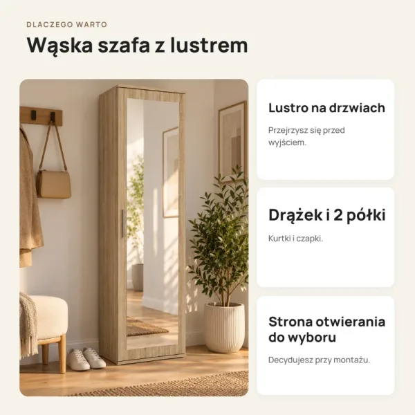 Szafa do przedpokoju 50 cm z lustrem, 180 cm – Dąb Sonoma